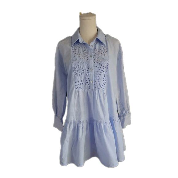 ZARA Embroidered Mini Popover Shirt Dress Eyelet Neckline Light Blue Size Small - Picture 2 of 6